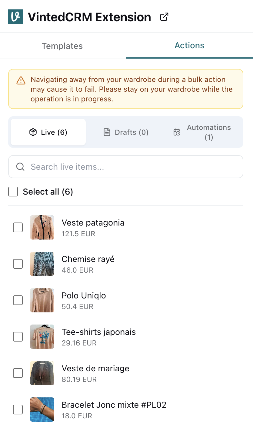 Interface VintedCRM Extension — republication automatique Vinted