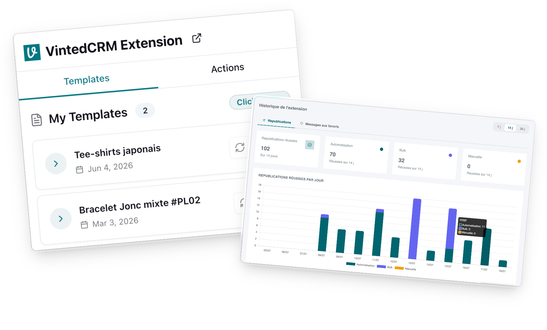 Historique des republications automatiques et templates dans VintedCRM Extension