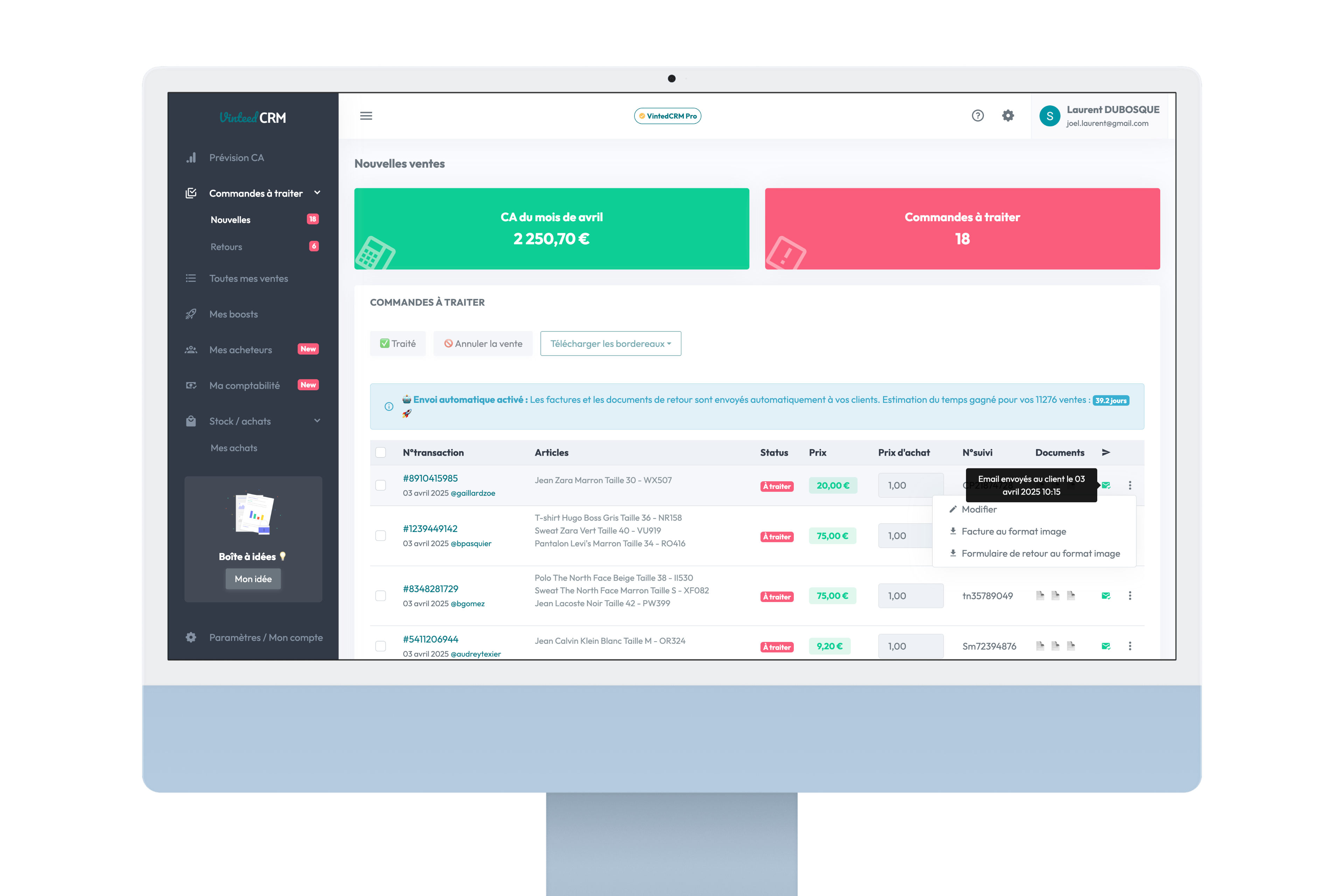 Liste des ventes Vinted synchronisées dans VintedCRM