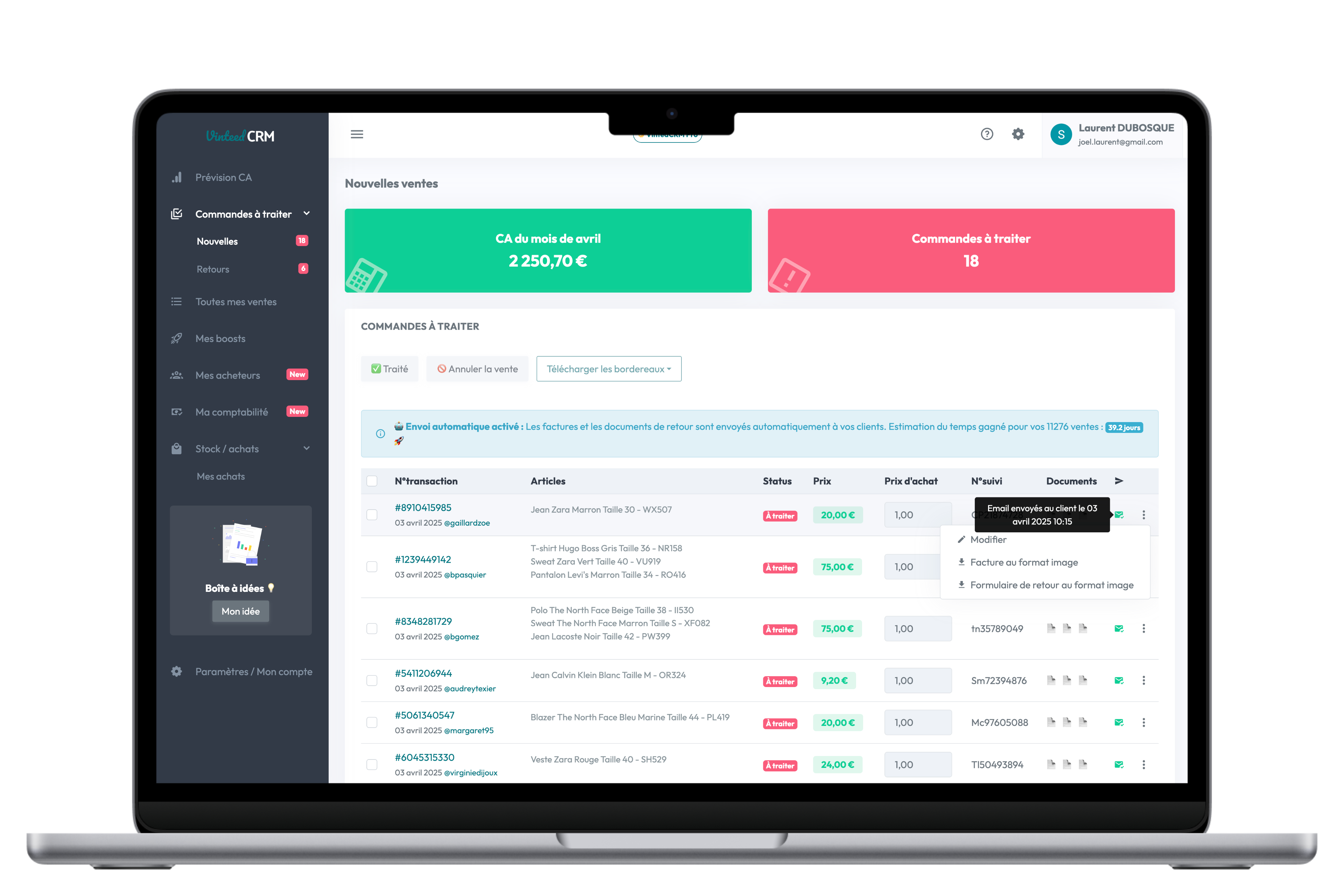 Analyse des acheteurs et croissance des ventes Vinted dans VintedCRM