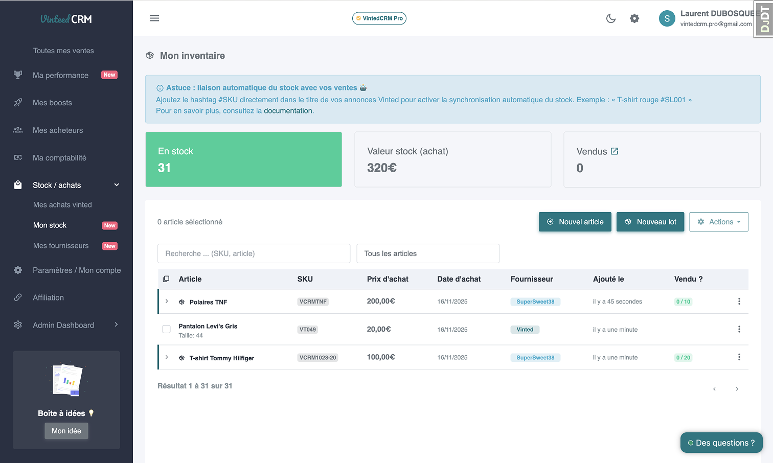 Suivi de stock et de performance d'articles Vinted