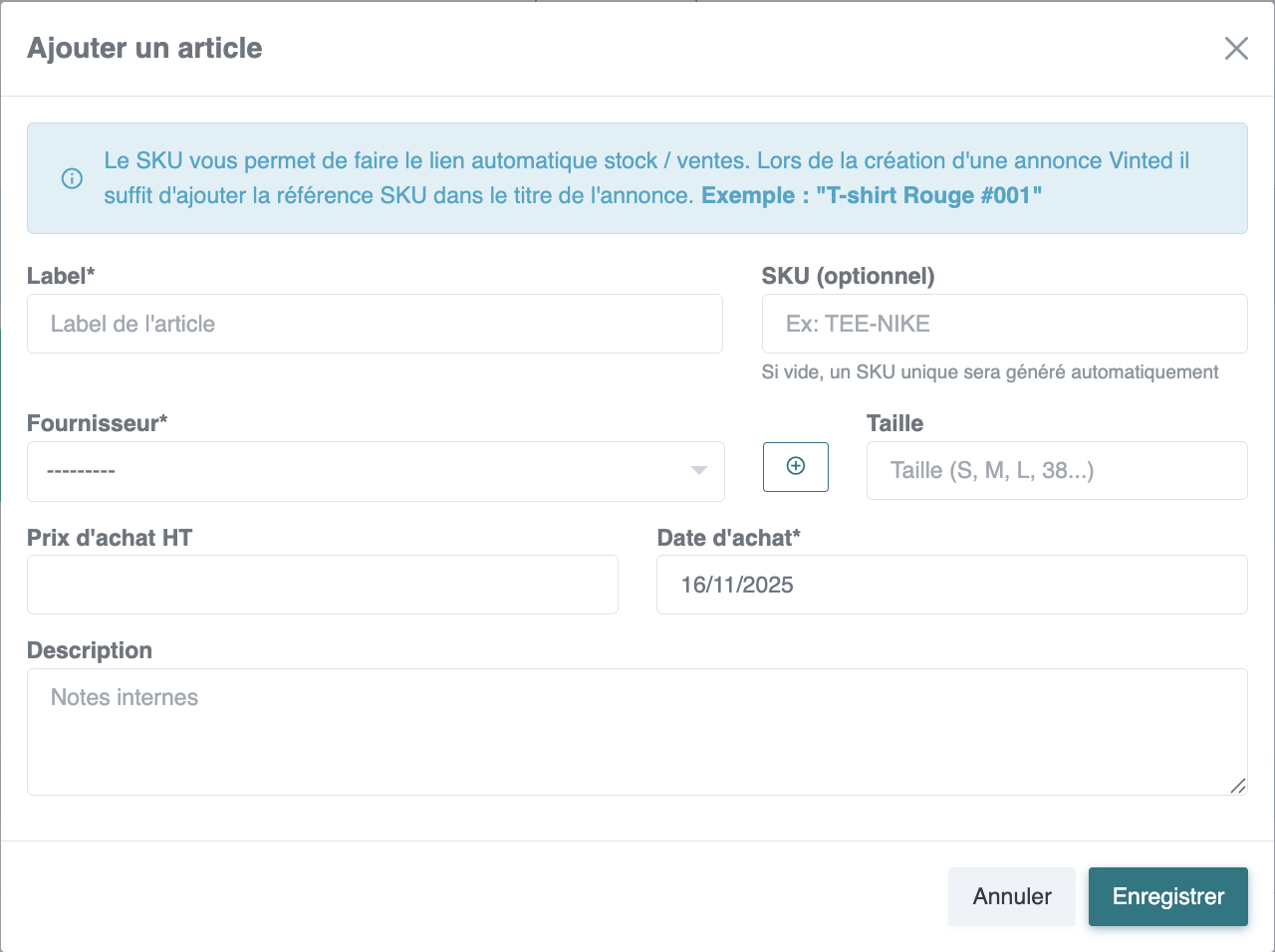 Tableau de bord stock VintedCRM montrant l'ajout d'article