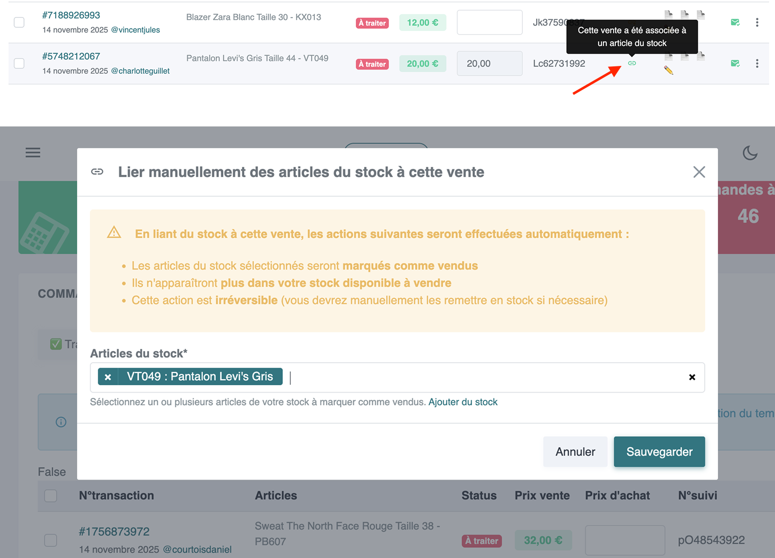 Association du stock sur VintedCRM