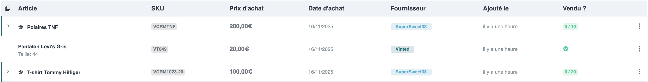 Tableau de bord stock VintedCRM
